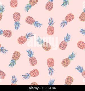Modello tropicale senza giunture vettoriale. Ananas colorate rosa blu verde giallo. Texture estiva rosa. Illustrazione Vettoriale