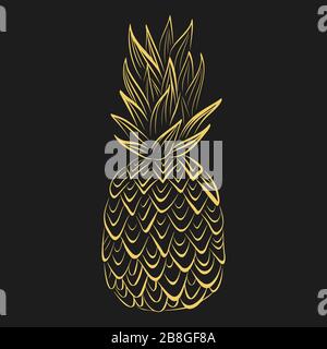 Illustrazione dell'alimento tropicale del vettore. Ananas oro su sfondo nero. Frutta estiva Illustrazione Vettoriale