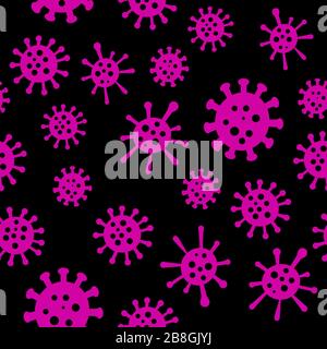 Modello senza cuciture per coronavirus. Covid-19 oggetti rosa isolati su sfondo nero. Illustrazione vettoriale Illustrazione Vettoriale