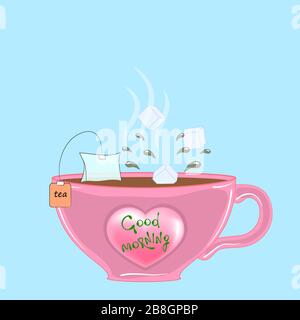 Tazza di tè con zucchero. Illustrazione vettoriale su sfondo blu. Illustrazione Vettoriale