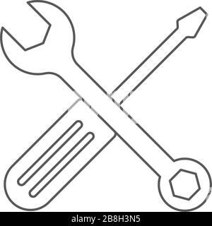 Icona vettoriale chiave e cacciavite, isolata su sfondo bianco Illustrazione Vettoriale