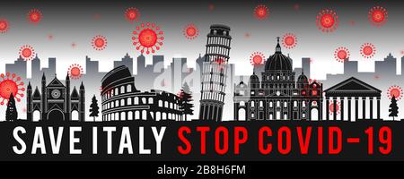 concept art con coronavirus volare sopra i punti di riferimento d'italia, illustrazione vettoriale Illustrazione Vettoriale