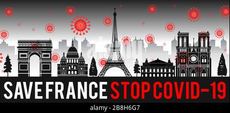 concept art con coronavirus volare sopra i punti di riferimento della francia, illustrazione vettoriale Illustrazione Vettoriale