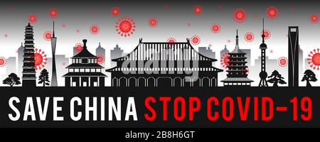 concept art con coronavirus volare sopra i punti di riferimento della cina, illustrazione vettoriale Illustrazione Vettoriale