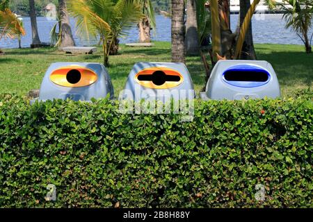 Bidone, bidone di plastica, bidone di plastica 3 tipi di rifiuti per riciclare in muro di albero al pubblico del giardino Foto Stock