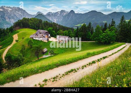 Estate paesaggio alpino campagna con alte montagne e fattorie nel ghiaino forestale, Kamnik Savinja Alpi, valle Logar, Slovenia, Europa Foto Stock