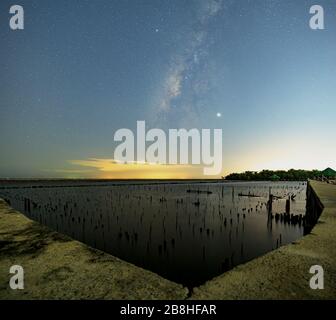 La Via Lattea sul cielo notturno con la luce riflessa dalle luci della città. Le foreste di mangrovie che solo moncone. Il mare di ​​Samut Sakhon. Foto Stock