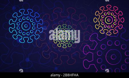 Patologie del coronavirus COVID-19. Illustrazione vettoriale dell'infezione da SARS-cov-2 al neon di colore brillante con linee collegate e puntini rotondi Illustrazione Vettoriale