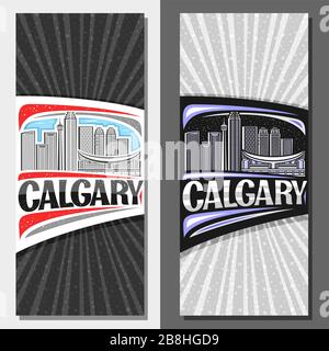 Layout vettoriali per Calgary, dépliant decorativo con linea di illustrazione del paesaggio urbano contemporaneo calgary su giorno e crepuscolo sfondo del cielo, design a. Illustrazione Vettoriale