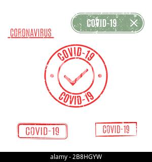 Set di francobolli coronavirus rettangolari e rotondi isolati su sfondo bianco, illustrazione vettoriale. Illustrazione Vettoriale
