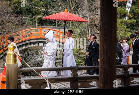 Un tradizionale corteo di nozze shintoista al Santuario di Shimogamo, a Kyoto, in Giappone. Foto Stock