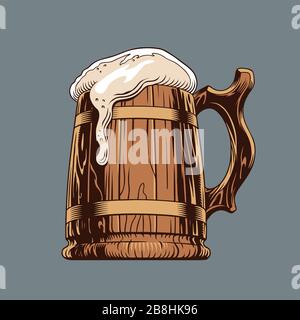 Birra classica tazza di legno o tankard. Isolato, illustrazione vettoriale. Illustrazione Vettoriale