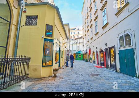 VIENNA, AUSTRIA - 19 FEBBRAIO 2019: La stretta e tranquilla strada Habsburgergasse con negozi d'epoca e vicoli, il 19 febbraio a Vienna Foto Stock