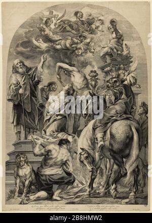 Il martirio di Sant'Apollonia Marinus van der Goes (1599-1639), graveur flamand, d'après Jacob Jordaens (1593-1678), peintre flamand. "Le Martire de sainte Apolline". Gravure. Musée des Beaux-Arts de la Ville de Paris, Petit Palais. Foto Stock