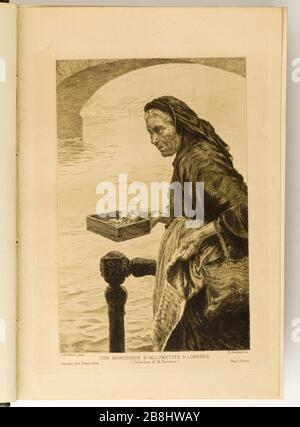 UN COMMERCIANTE DI FIAMMIFERI A LONDRA, UAE-FORTE HENRI GUERARD DOPO UNO STRUMENTO DI J. NITTIS POSSEDUTO IL SIG. KNOWLES) CHE BRUCIA IL PULL OUT DEL TESTO GAZETTE DELLE BELLE ARTI, GENNAIO 1885, P. 34 HENRI GUÉRARD. "Une marchande d'allumettes à Londres, eau-forte d'après un tableau de J. de Nittis appartenant à M. Knowles), grature tirée hors texte. Gazette des Beaux-Arts, janvier 1885, pag. 34. Musée des Beaux-Arts de la Ville de Paris, Petit Palais. Foto Stock