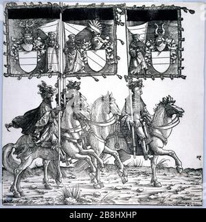 IL TRIONFO DI MAXIMILIEN TRE PILOTI CON gli striscioni Hans Burgkmair (1473-1531). 'Le Triomphe de Maximilien, trois cavaliers avec étendards'. Bois, 1512-1519. Musée des Beaux-Arts de la ville de Paris, Petit Palais. Foto Stock