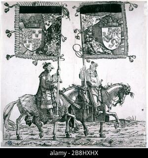 IL TRIONFO DI MAXIMILIEN DUE PILOTI CON gli striscioni Hans Burgkmair (1473-1531). 'Le Triomphe de Maximilien, deux cavaliers avec étendards'. Bois, 1512-1519. Musée des Beaux-Arts de la ville de Paris, Petit Palais. Foto Stock