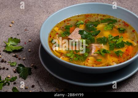 Deliziosa zuppa piccante con manzo e spaghetti su sfondo grigio. Primo piano Foto Stock