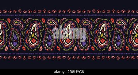 Inchiostro artistico disegnato a mano colorful Paisley Swirls Vector bordo orizzontale senza cuciture Illustrazione Vettoriale
