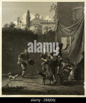 Il chitarrista di Dujardin (Dutuit pagina 129) Karel Dujardin (1622-78). Le Joueur de guitare d'après Dujardin (Dutuit pagina 129). Burin, XVIIème siècle. Musée des Beaux-Arts de la Ville de Paris, Petit Palais. Foto Stock