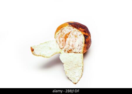 Un'immagine di un mandarino vecchio e asciutto ordinario. Ha una polpa abbastanza asciutta all'interno. Non molto buono da mangiare. Foto Stock