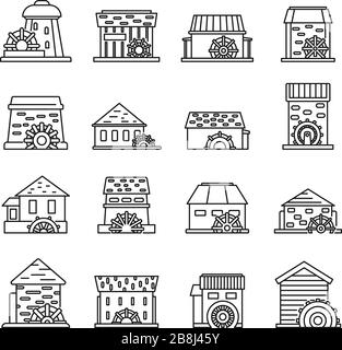 Fattoria Water Mill icone set. Contorno insieme di icone vettoriali mulino ad acqua fattoria per web design isolato su sfondo bianco Illustrazione Vettoriale