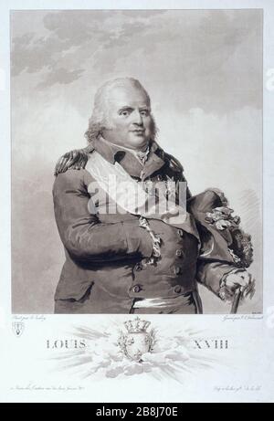 Louis XVIII Philibert-Louis Debucourt (1755-1832) d'après Jean-Baptiste Isabey (1767-1855). Luigi XVIII (1755-1824). Gravure (aquatinte),1814. Parigi, musée Carnavalet. Foto Stock