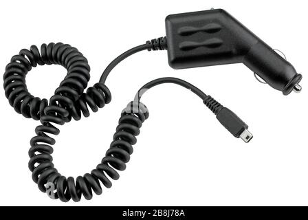 Caricatore USB per automobile per telefoni, PDA, ecc. isolato su sfondo bianco. Foto Stock