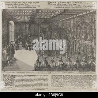 Funerale di Carlo chiamato terza pompa, Duca di Lorena, Nancy fatto l'anno 1608, primo di dieci grandi tavole: La camera di morte del Duca di Lorena, prima versione (le Blanc 3 pagina 516; Andreas Andresen 10 (2) Volume 4, pagina 193) Friedrich Brentel, dit Brentel le père (1580-1651). Pompe funèbre de Charles troisième du nom, Duc de Lorraine, faite à Nancy l'an 1608, première des dix grandes tabelle : la chambre mortuaire du duc de Lorraine, versione prima (le Blanc 3 pagina 516 ; Andreas Andresen 10 (2), tomé 4, pagina 193). Eau-forte. 1609. Musée des Beaux-Arts de la Ville de Paris, Petit Palais. Foto Stock