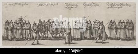 Funerale di Carlo chiamato terza pompa, Duca di Lorena, Nancy fatto l'anno 1608, la quattordicesima processione di rappresentanza del consiglio di amministrazione Hotel artigiani (le Blanc 27 pagina 516; Andreas Andresen 10, Volume 4, pagina 192 ) Friedrich Brentel, dit Brentel le père (1580-1651). Pompe funèbre de Charles troisième du nom, Duc de Lorraine, faite à Nancy l'an 1608, quatorzième planche de la représentation du cortège : Les artisans de l'hôtel (le Blanc 27 pagina 516 ; Andreas Andresen 10, tomé 4, pagina 192). Eau-forte. 1609. Musée des Beaux-Arts de la Ville de Paris, Petit Palais. Foto Stock