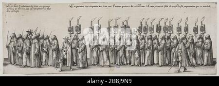 Funerale di Carlo nominato terza pompa, Duca di Lorena, Nancy fatto l'anno 1608, secondo consiglio di rappresentanza della processione: Ottocentocinquanta driver poveri (le Blanc 15 pagina 516; Andreas Andresen 10, Volume 4, pagina 192) Friedrich Brentel, dit Brentel le père (1580-1651). Pompe funèbre de Charles troisième du nom, Duc de Lorraine, faite à Nancy l'an 1608, deuxième planche de la représcolation du Cortège : Huit conducteurs des cent-cinquante pauvres (le Blanc 15 pagina 516; Andreas Andresen 10, tomé 4, pagina 192). Eau-forte. 1609. Musée des Beaux-Arts de la Ville de Paris, Petit Pa Foto Stock