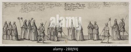 Funerale di Carlo chiamato terza pompa, Duca di Lorena, Nancy fatto l'anno 1608, trentaseiesimo consiglio di rappresentanza processione diversi vescovi che indossano miters (le Blanc 49 pagina 516; Andreas Andresen 10, Volume 4, pagina 192) Friedrich Brentel, dit Brentel le père (1580-1651). Pompe funèbre de Charles troisième du nom, Duc de Lorraine, faite à Nancy l'an 1608, trente-sixième planche de la représcolation du Cortège : Plusieurs évêques portant des mîtres (le Blanc 49 pagina 516 ; Andreas Andresen 10, tomé 4, pagina 192). Eau-forte. 1609. Musée des Beaux-Arts de la Ville de Paris, Petit Palais. Foto Stock