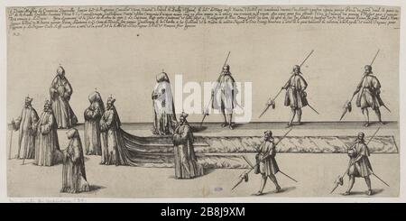 Funerale di Carlo nominato terza pompa, Duca di Lorena, Nancy fatto l'anno 1608, trentanovesimo consiglio di rappresentanza della processione: Due maestri di cerimonie (le Blanc 52 pagina 516; Andreas Andresen 10, Volume 4, pagina 192 ) Friedrich Brentel, dit Brentel le père (1580-1651). Pompe funèbre de Charles troisième du nom, Duc de Lorraine, faite à Nancy l'an 1608, trente-neuvième planche de la représentation du cortège : Deux maîtres des Cérémonies ( le Blanc 52 pagina 516 ; Andreas Andresen 10, tomé 4, pagina 192). Eau-forte. 1609. Musée des Beaux-Arts de la Ville de Paris, Petit Palais. Foto Stock