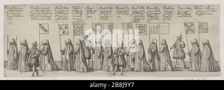 Funerale di Carlo chiamato terza pompa, Duca di Lorena, Nancy fatto l'anno 1608, ventottesima processione di rappresentanza bordo con striscioni caratteri (le Blanc 41 pagina 516; Andreas Andresen 10, Volume 4, pagina 192 ) Friedrich Brentel, dit Brentel le père (1580-1651). Pompe funèbre de Charles troisième du nom, Duc de Lorraine, faite à Nancy l'an 1608, vingt-huitième planche de la représcolation du cortège : personnages portant des banières (le Blanc 41 pagina 516 ; Andreas Andresen 10, tomé 4, pagina 192). Eau-forte. 1609. Musée des Beaux-Arts de la Ville de Paris, Petit Palais. Foto Stock