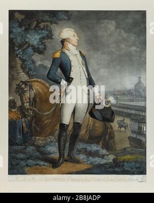 Il Marchese di Lafayette, comandante generale della Guardia Nazionale di Parigi Louis-Philibert Debucourt (1755-1832). "M. le marquis de la Fayette, comandante général de la Garde Nationale Parisienne". Manière noire coloriée à la poupée. Parigi, musée Carnavalet. Foto Stock