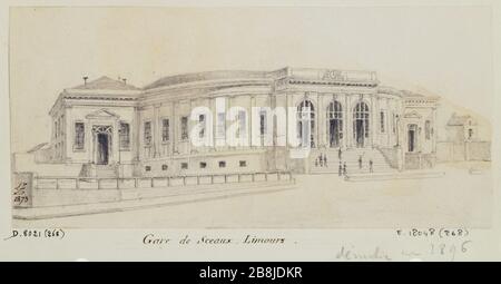 La stazione Sceaux, Place Denfert-Rochereau, 14 ° arrondissement, Parigi. Léon Leymonnerye (1803-1879), dessinateur et topographe français. La gare de Sceaux, Place Denfert-Rochereau. Crayon. Parigi (XIVème arr.), 1873. Parigi, musée Carnavalet. Foto Stock