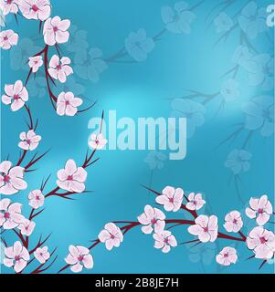 Motivo fiore di ciliegio. Moderno modello sakura di design astratto rosa su sfondo blu. Modello vettoriale vintage giapponese con fiori sakura rosa Illustrazione Vettoriale