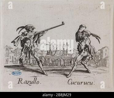 Balli di Sfessania, Razullo - Cucurucu. Diciannovesimo numero di una sequenza di 24 pezzi (Lieure 397, Meaume 659) Jacques Callot (1592-1635). 'Balli di Sfessania, Razullo - Cucurucu. Dix-neuvième numéro d'une suite de 24 pièces' (Lieure 397, Meaume 659). Eau-forte. 1616-1617. Musée des Beaux-Arts de la Ville de Paris, Petit Palais. Foto Stock