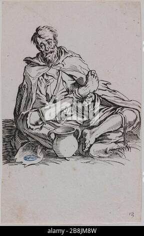 I Beggari, i falci. Tredicesimo numero di una sequenza di 25 pezzi (Lieure 491, Meaume 697) Jacques Callot (1592-1635). "Les Gueux, le Malingreux. Treizième numéro d'une suite de 25 pièces' (Lieure 491, Meaume 697). Eau-forte. 1622-1623. Musée des Beaux-Arts de la Ville de Paris, Petit Palais. Foto Stock