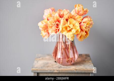 Bella arancio e con striature rosse tulipani in vaso. Fiore sfondo. Sfondo Floreale. Spazio di copia Foto Stock