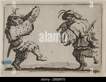 I Caprici, i ballerini sul flauto e sul tamburello. Trentaduesimo numero della sequenza di 50 pezzi incisi Firenze (Lieure 246, Meaume 834) Jacques Callot (1592-1635). Les Caprices, Les Danseurs à la flûte et au tambourin. Trente-troisième numéro de la suite de 50 pièces gravée à Florence' (Lieure 246, Meaume 834). Eau-forte. 1617. Musée des Beaux-Arts de la Ville de Paris, Petit Palais. Foto Stock