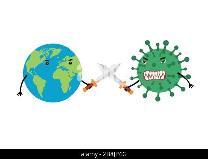 Terra usa spade per combattere il Coronavirus. Il concetto di lotta contro i virus. Illustrazione Vettoriale
