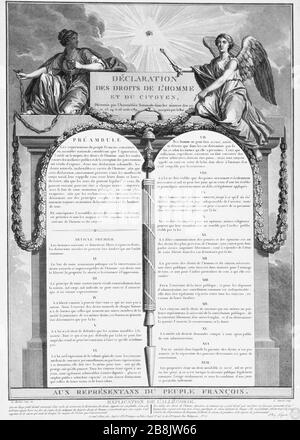 Dichiarazione dei diritti dell'uomo e del cittadino, decretata dall'Assemblea Nazionale nelle sessioni del 20, 21, 23, 24 e 26 agosto 1789 Louis Laurent et Jean-Jacques François le Barbier. "Déclaration des Droits de l'Homme et du Citoyen", décrétés par l'Assemblée Nationale dans les séances du 20, 21, 23 , 24 et 26 août 1789. Eau-forte et burin. Parigi, musée Carnavalet. Foto Stock