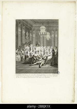 Storia di Don Chisciotte di Charles-Nicolas Cochin, Don Chisciotte in una palla a Don Antonio (ventinovesimo numero di una serie di 31 pezzi) Jakob Van der Schley (1715-1779). Histoire de Don Quichotte d'après Charles Nicolas Cochin, Don Quichotte dans un bal chez Don Antonio (Vingt-neuvième numéro d'une suite de 31 pièces). Burin, 1745. Musée des Beaux-Arts de la Ville de Paris, Petit Palais. Foto Stock