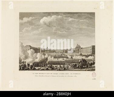 Salvo sparò a Versailles il posto delle armi d'artiglieria, l'annuncio della partenza della famiglia reale a Parigi, 6 ottobre 1789. 30th grafico tabelle storiche della Rivoluzione francese (1791-1817). Prieur, Jean-Louis. 'Salve d'artillerie tirée place d'arme, au château de Versailles, à l'annonce du départ de la famille royale pour Paris, 6 ottobre 1789. 30ème tableau des Tableaux historiques de la Révolution française (1791-1817)'. Eau-forte. en1789-1789. Parigi, musée Carnavalet. Foto Stock