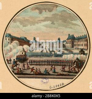 Salvo sparò a Versailles il posto delle armi d'artiglieria, l'annuncio della partenza della famiglia reale a Parigi, 6 ottobre 1789. 38° tavolo, bordo 3 delle tavole della Galleria di Storia o gli eventi della Rivoluzione Francese ( 1795-1799). (titolo fittizio) Foto Stock