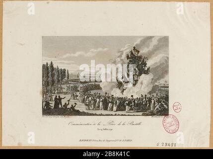 Rivoluzione francese: Terza festa della Federazione a Champ de Mars. La gente balla intorno all'albero di famiglia sul fuoco. 14 luglio 1792 7° distretto. (Titolo fittizio) Foto Stock