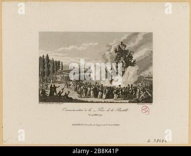 Rivoluzione francese: Terza festa della Federazione a Champ de Mars. La gente balla intorno all'albero di famiglia sul fuoco. 14 luglio 1792 7° distretto. (Titolo fittizio) Foto Stock