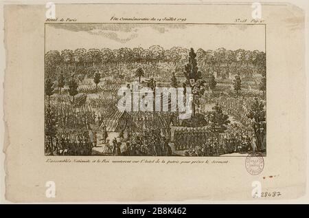Rivoluzione francese: Terza festa della Federazione sul Champ de Mars.l'Assemblée Nazionale e re prestare giuramento sull'altare della Patria. 7° distretto. 158, pag. 97, le rivoluzioni di Parigi Prud'homme (titolo fittizio) Foto Stock