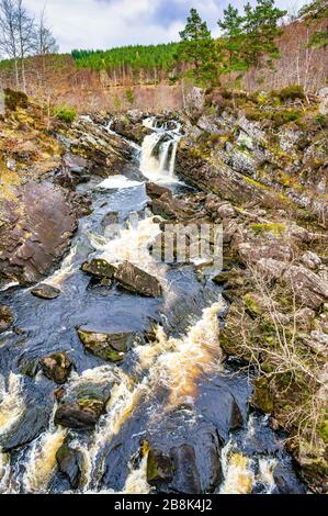 Cade di Rogie su nero fiume di acqua situato tra Garve e Contin fuori la A835 a ovest di Inverness in Scozia settentrionale Foto Stock